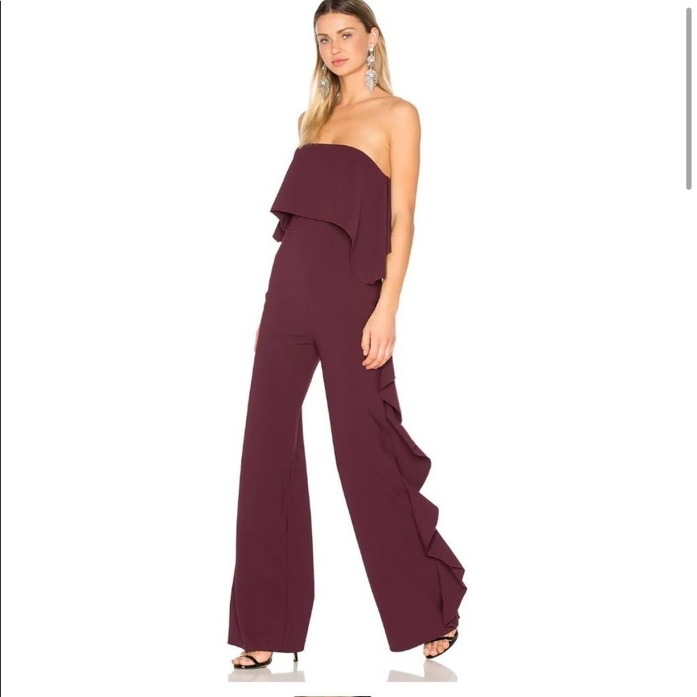 Alexis Strapless Ruffle Jumpsuit Plum Purple Wide Leg Formal Wedding Guest Small